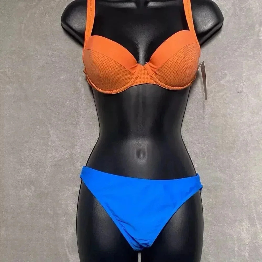 Women Blue And Orange Solid Push Up Bikini M Navy Blue With Tags 34C
